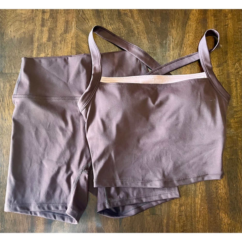 Activewear Set Cropped Cross Back Tank and High Waisted Biker Shorts Plum Small